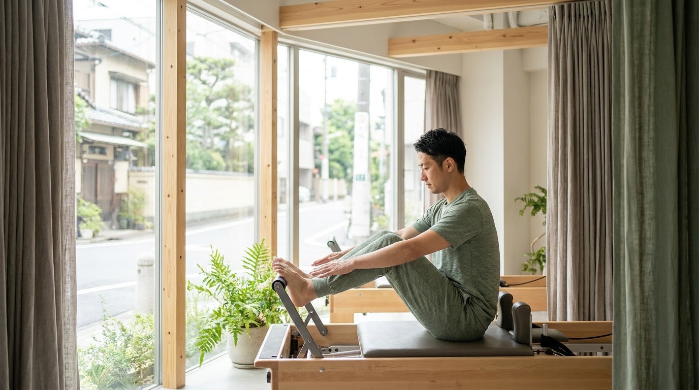 リフォーマーで体幹を鍛える男性