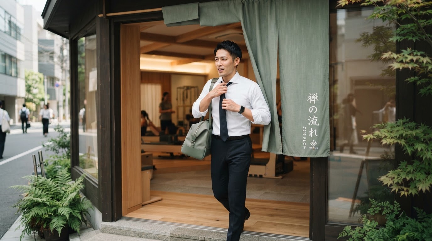 昼休みにネクタイを緩めてスタジオへ。和モダンな暖簾が迎えるエントランス