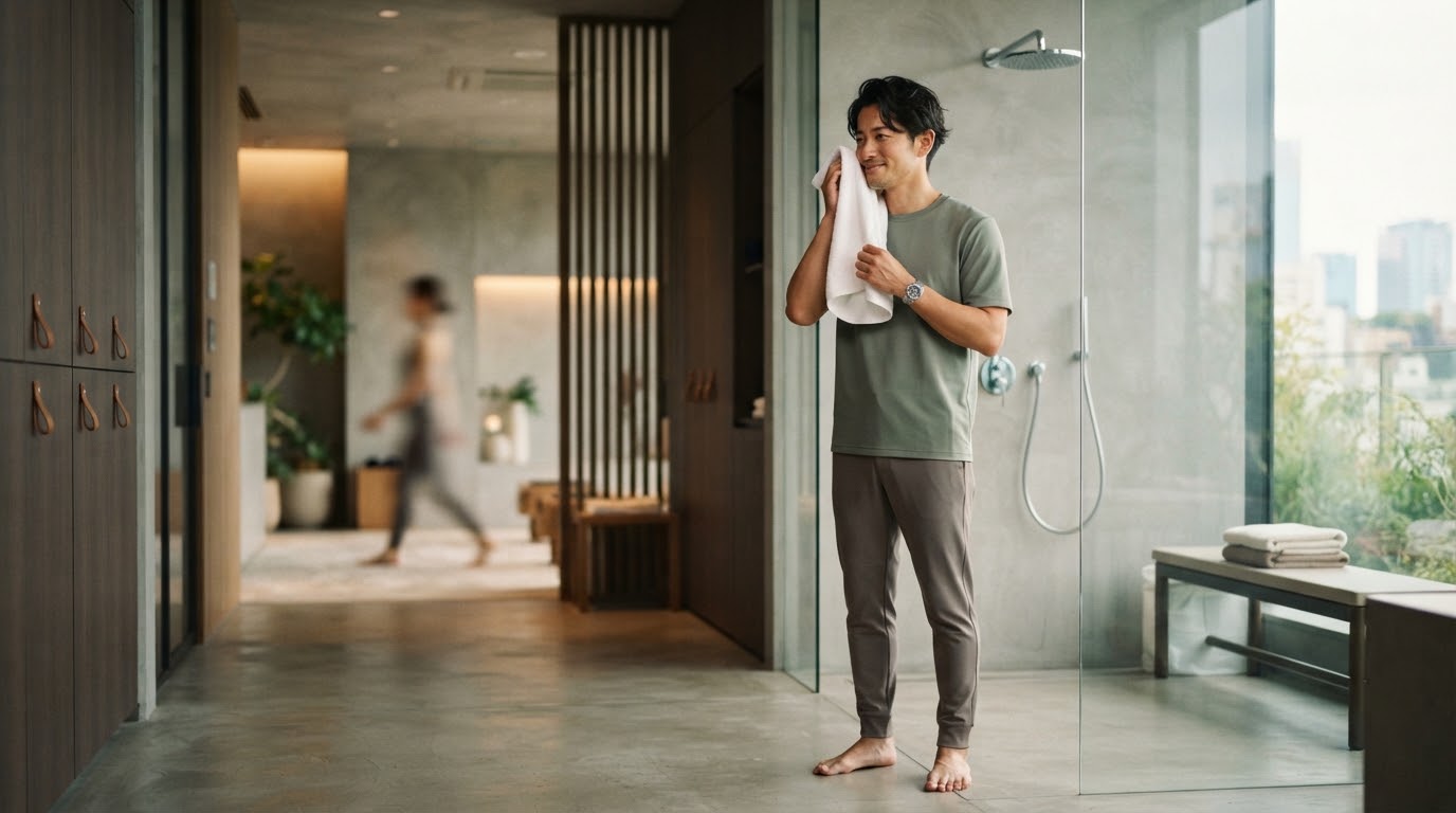 レッスン後にリフレッシュする男性