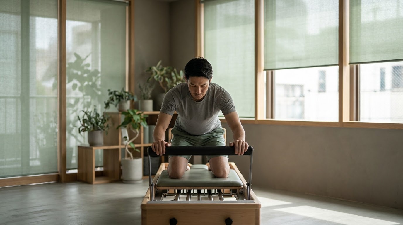 リフォーマーで姿勢を改善する男性