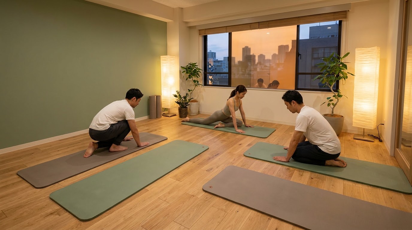 落ち着いた照明のスタジオで行われる最大4名の少人数グループレッスン