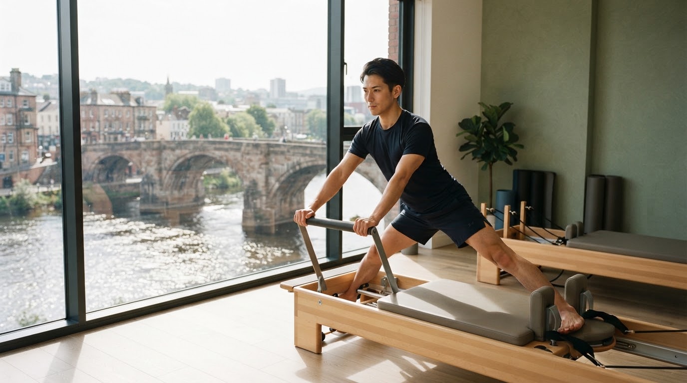 川と橋を望む窓際のリフォーマーで、仕事の合間に体を整えるビジネスマンも多い