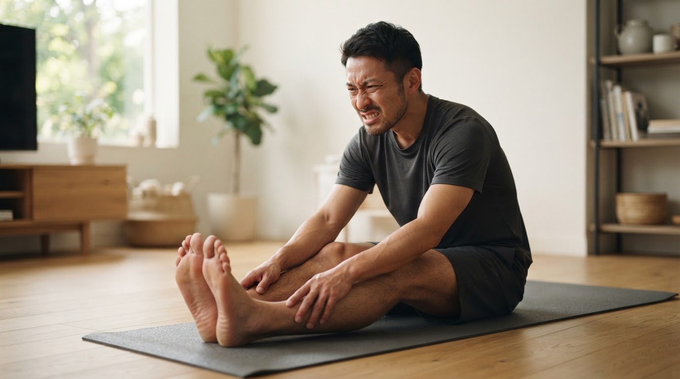 ストレッチをしても体の硬さが戻ってしまい悩む男性