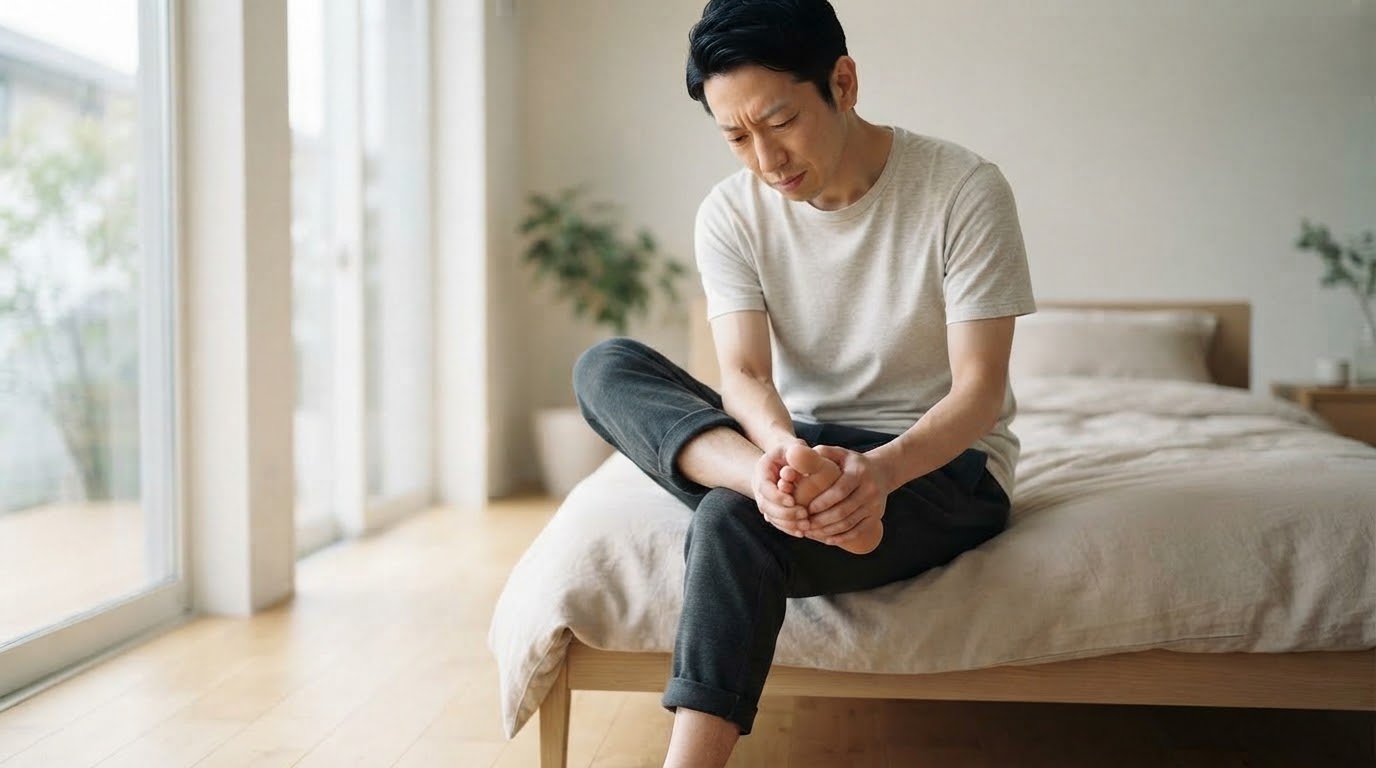 足のむくみの対策に取り組む男性のイメージ