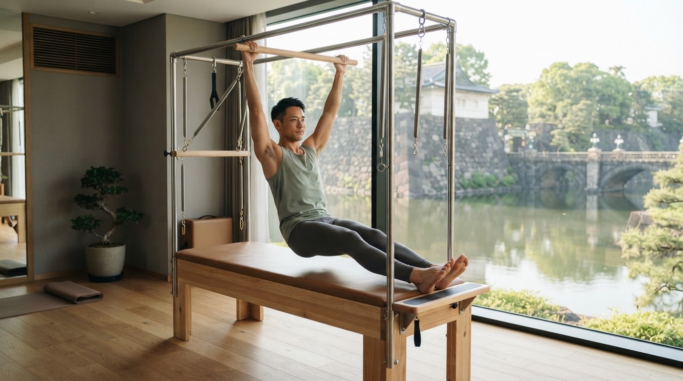 お堀の石垣と緑を望むスタジオでキャデラックを使ってトレーニングする男性