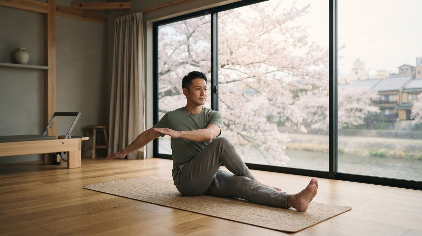 土手の桜並木を望む完全個室スタジオでストレッチする男性