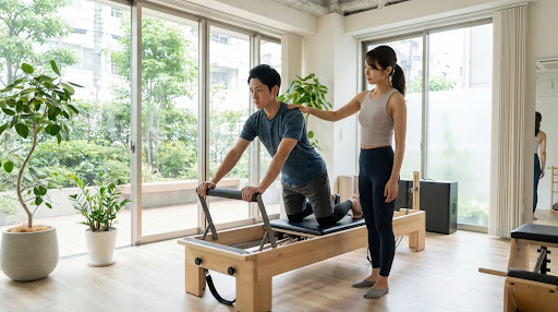 姿勢改善を目指してマシンピラティスに取り組む様子