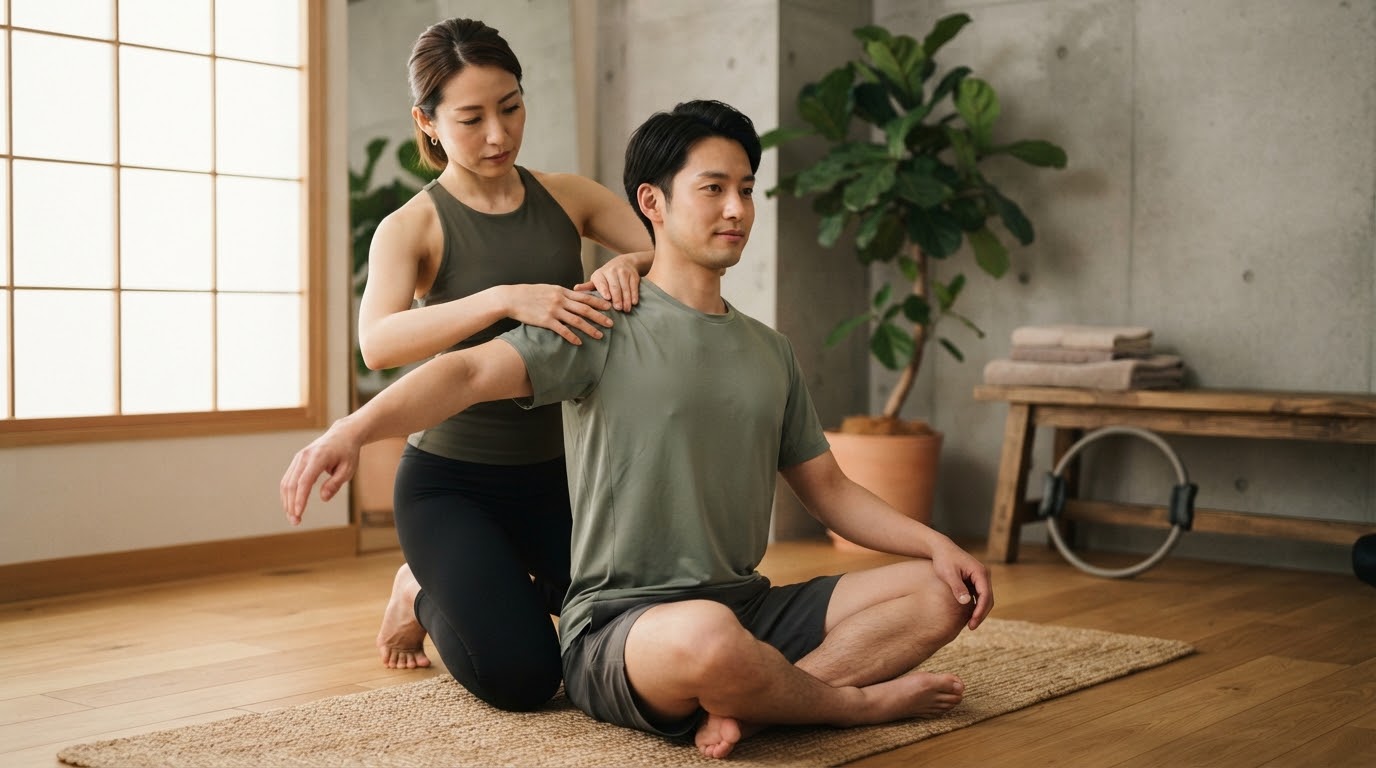 トレーナーの補助で肩甲骨まわりをじっくり伸ばすパーソナルセッション