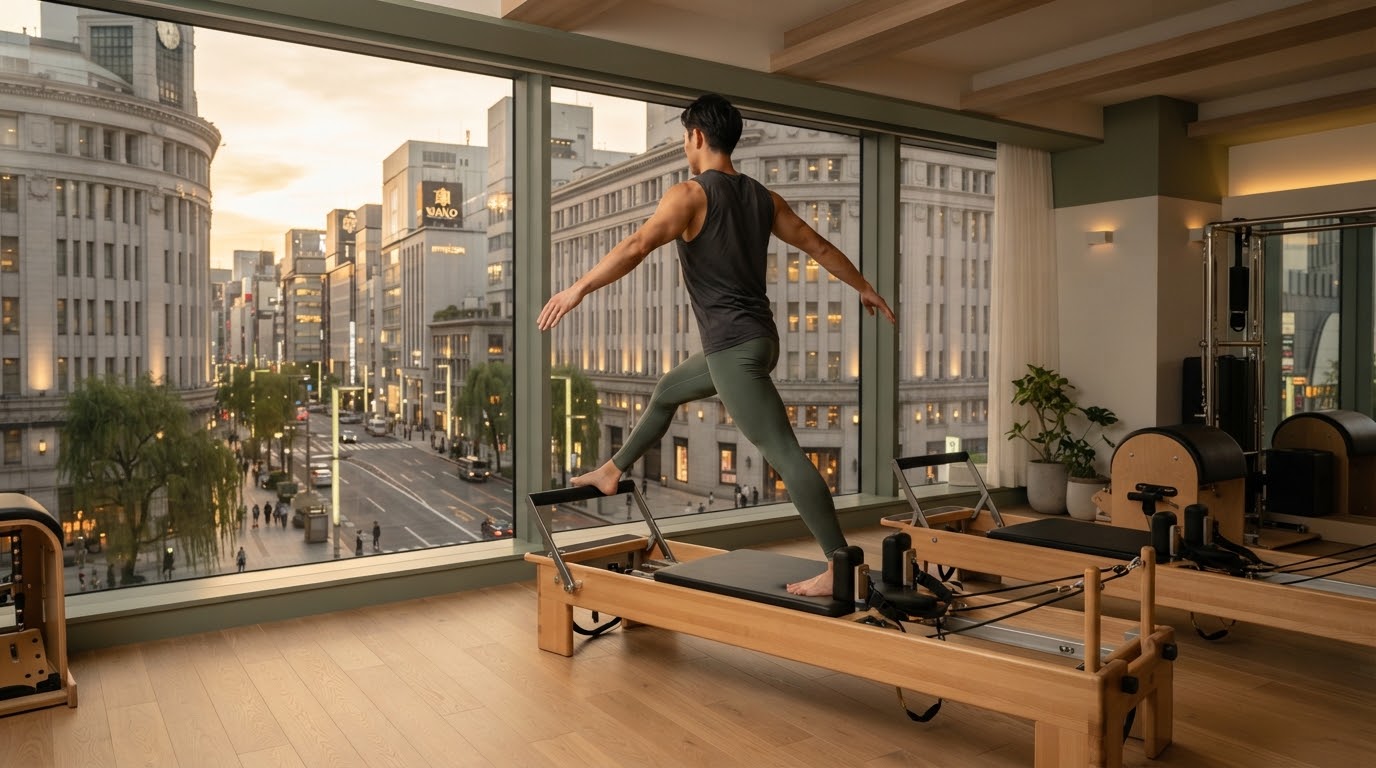 夕暮れの銀座の街並みを見下ろす上質なスタジオで、リフォーマーに乗りバランスを鍛える男性