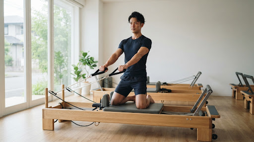 明るいスタジオでマシンピラティスに取り組み姿勢改善を目指す男性
