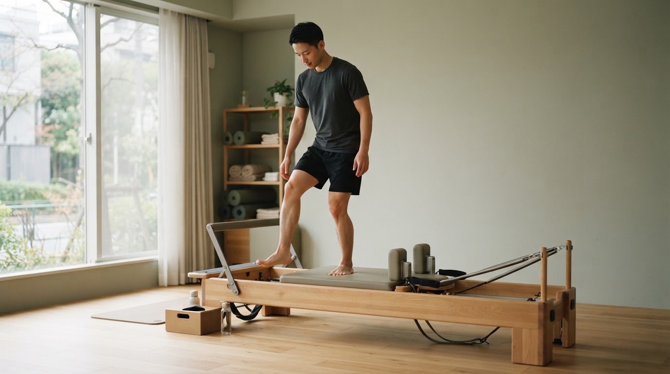 清潔で明るい完全プライベート空間で、初めてリフォーマーに乗る初心者の男性
