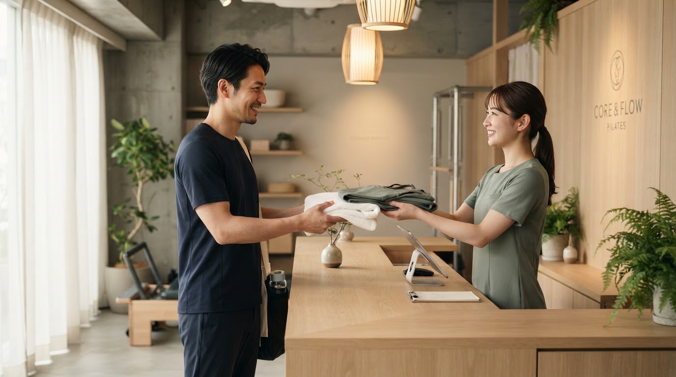 受付でタオルとウェアを受け取れる手ぶらOKのスタジオ。木目調の温かいインテリア