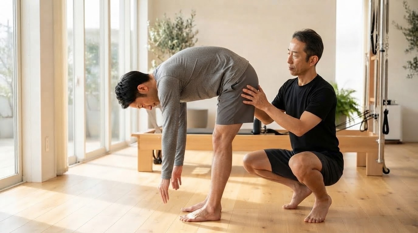 スタジオで体の使い方のクセを分析してもらう男性