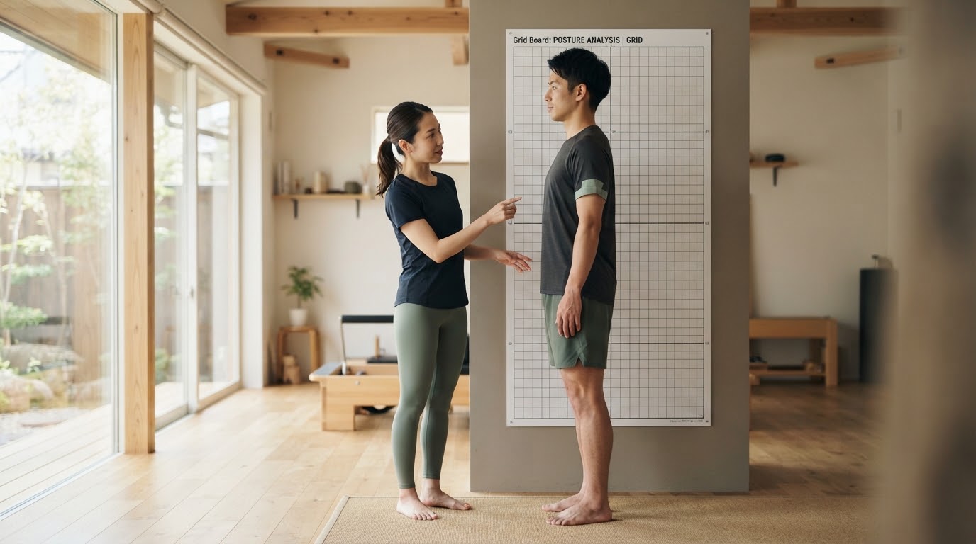 姿勢分析ボードの前で、トレーナーが男性の立ち姿勢を丁寧にチェック