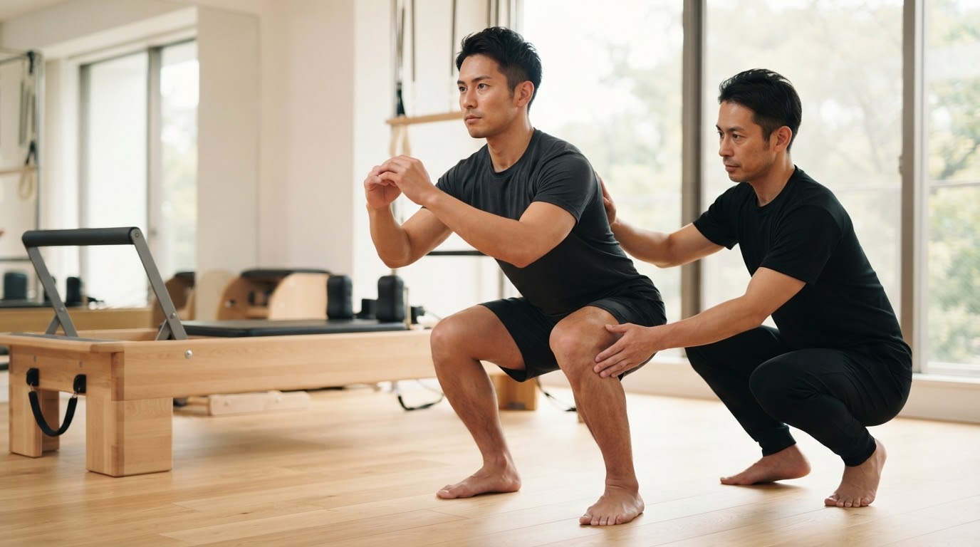 パーソナル指導で正しいフォームを確認する男性