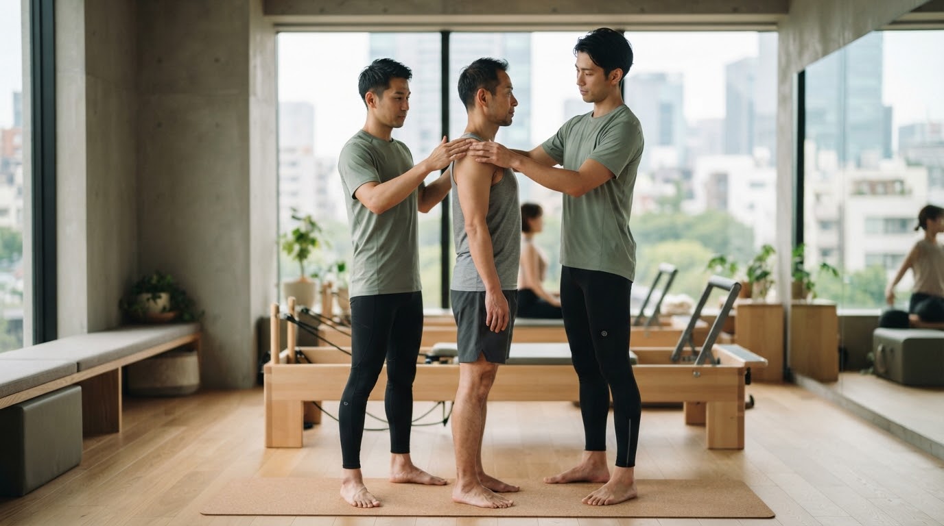 インストラクターが男性の姿勢をチェックする様子