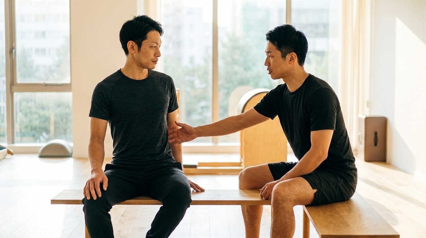 スタジオでカウンセリングを受ける筋トレ男性