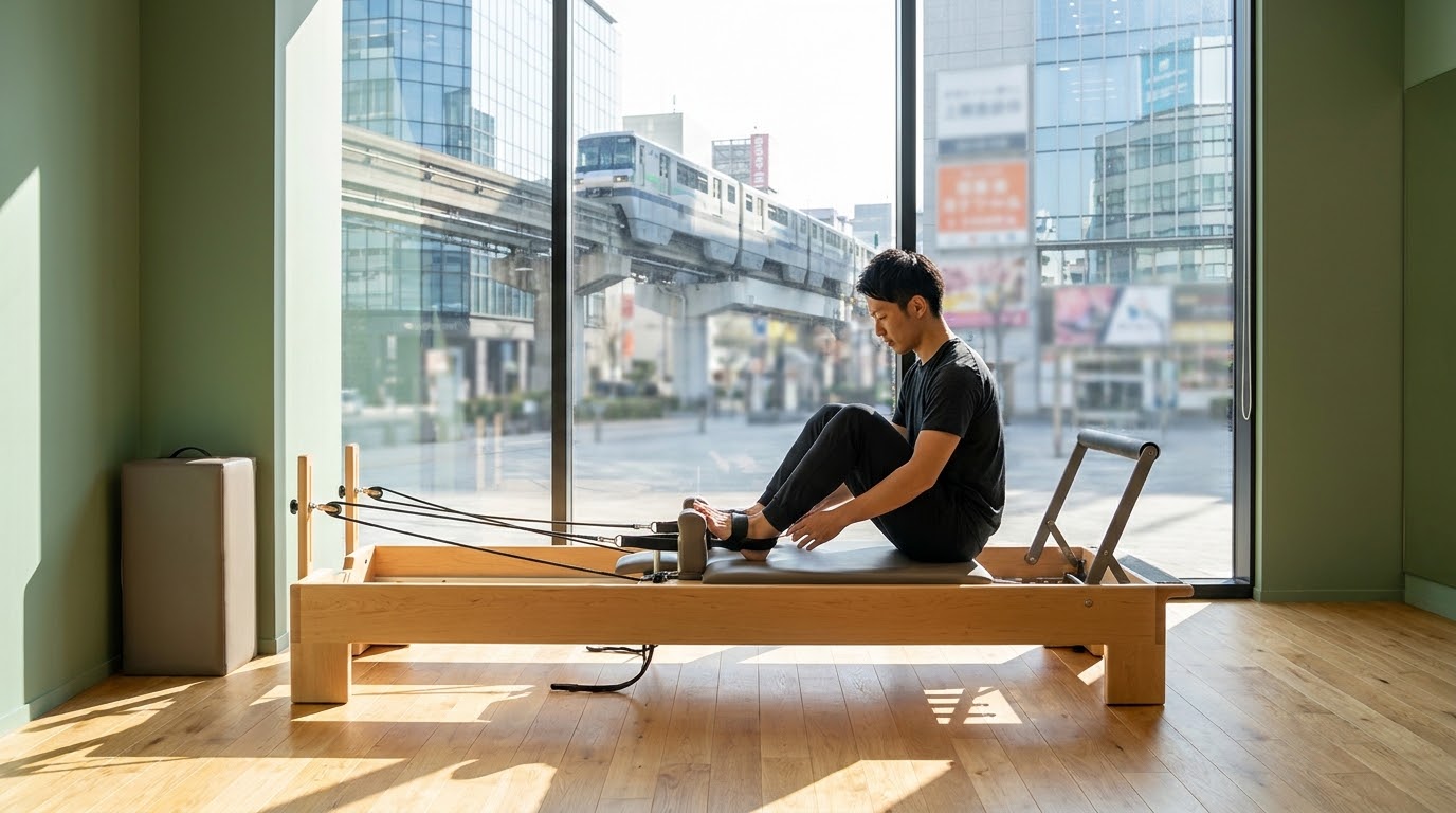モノレールが行き交う駅前を望むスタジオで、朝の光を浴びながらリフォーマーに取り組む