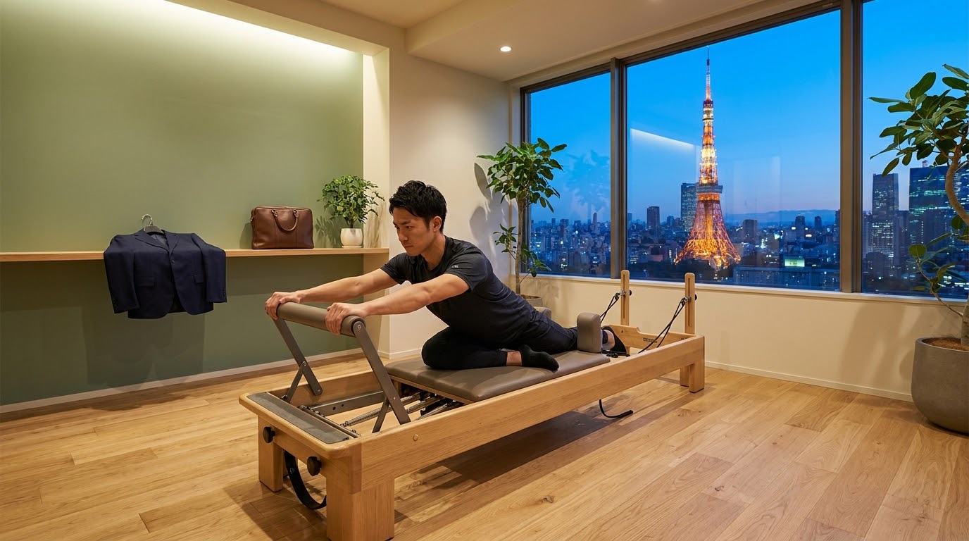 東京タワーを望む窓際でスーツから着替えて夕方のリフォーマーに取り組む男性
