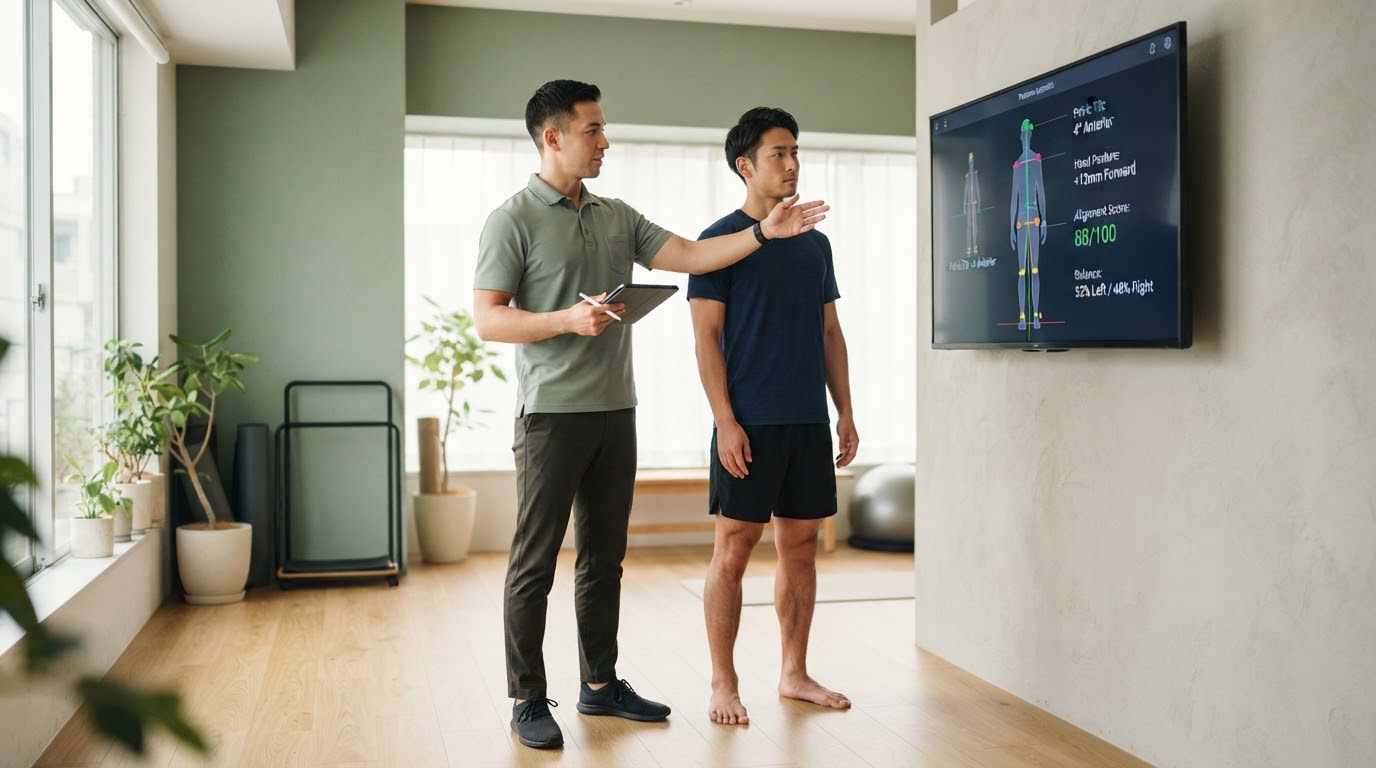 データ画面を見ながら男性の姿勢を評価する理学療法士風トレーナー