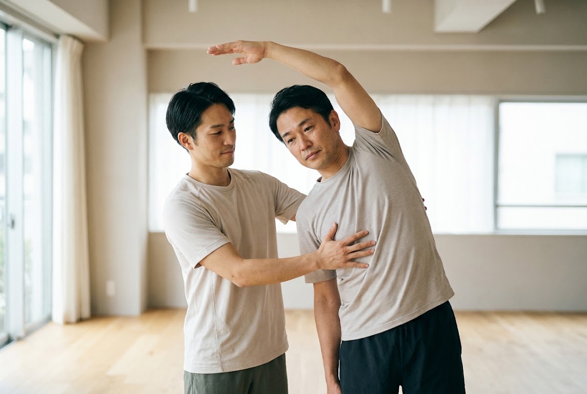 神泉で姿勢改善に取り組むビジネスマン