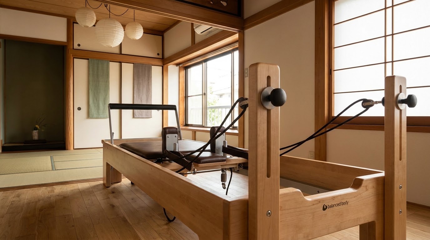 木の温もりが感じられる老舗パーソナルスタジオ。Balanced Body社製の上質なマシンが並ぶ