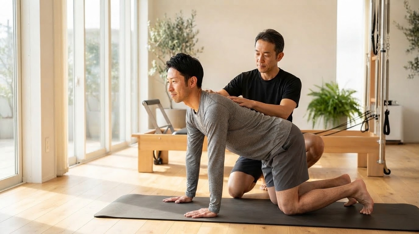 男性インストラクターとマンツーマンで動きを確認する様子