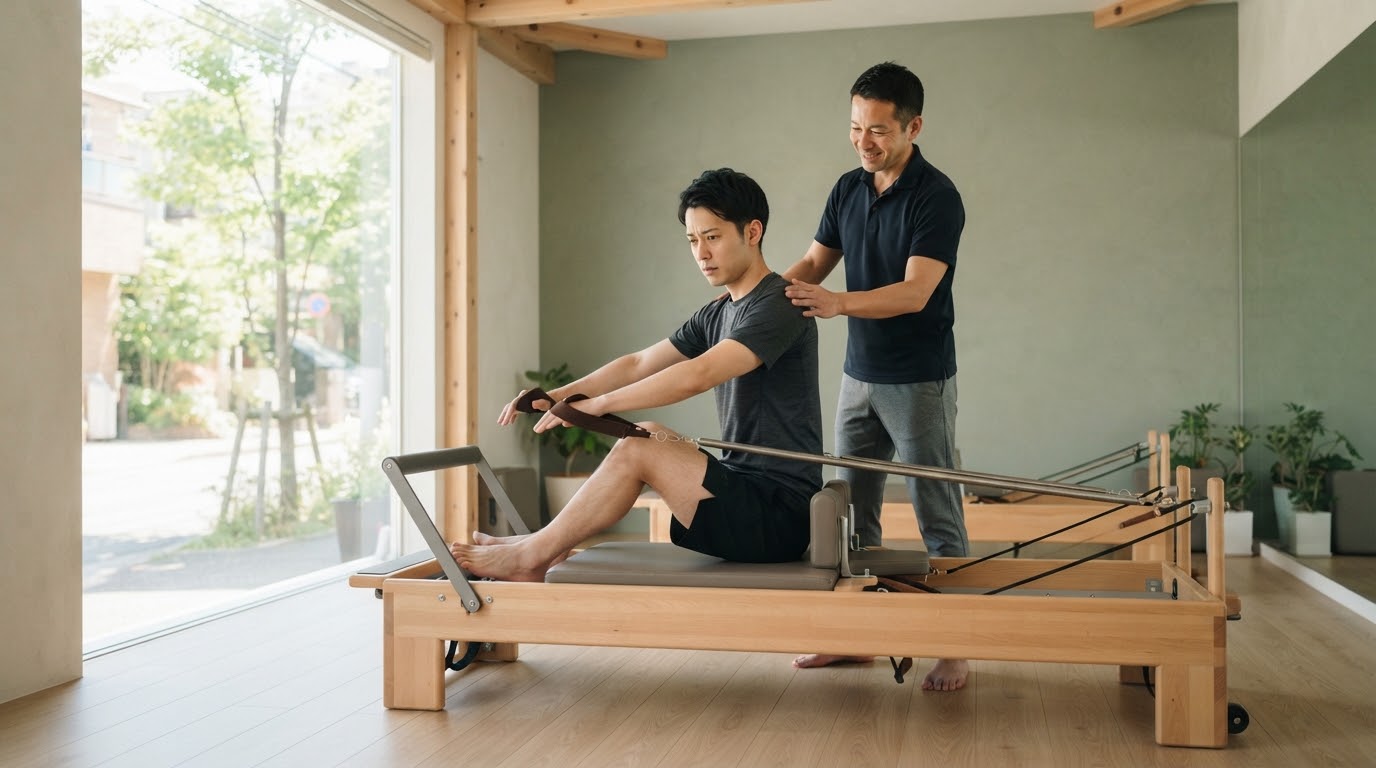 新規オープンの清潔なパーソナルスタジオで、トレーナーの補助を受けながら初めてリフォーマーに挑む男性