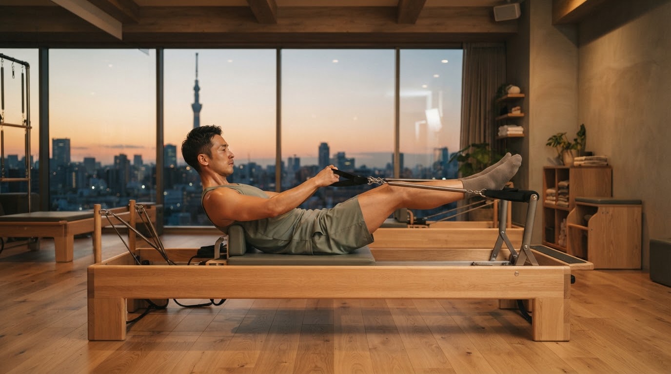 スカイツリーを望む夕暮れのスタジオでリフォーマーエクササイズを行う男性