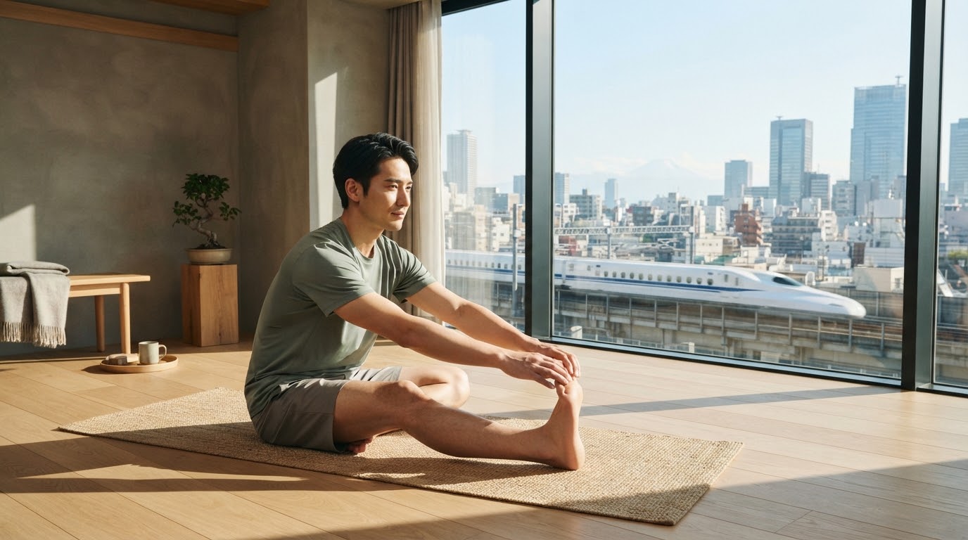 新幹線を望む大きな窓際で朝の光を浴びながらストレッチ