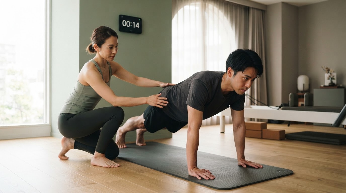 30分の短時間パーソナル。トレーナーがプランク姿勢を丁寧に補正