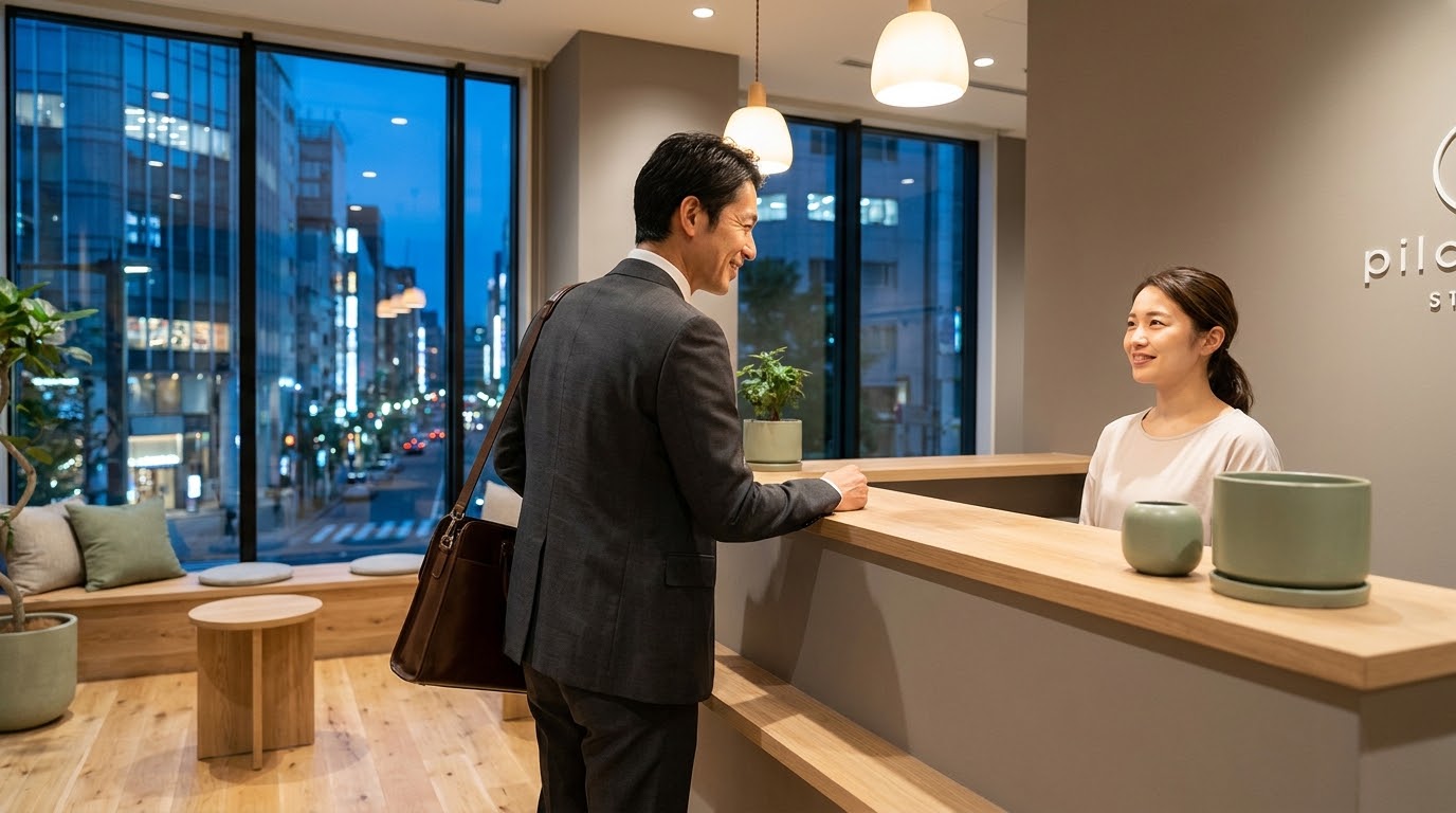 仕事帰りにスーツのままスタジオへ。受付でチェックインするビジネスマン