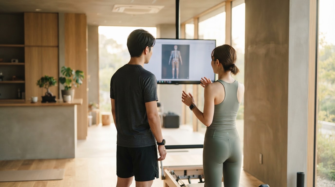 モニターに映る姿勢分析の結果をトレーナーと一緒に確認する男性