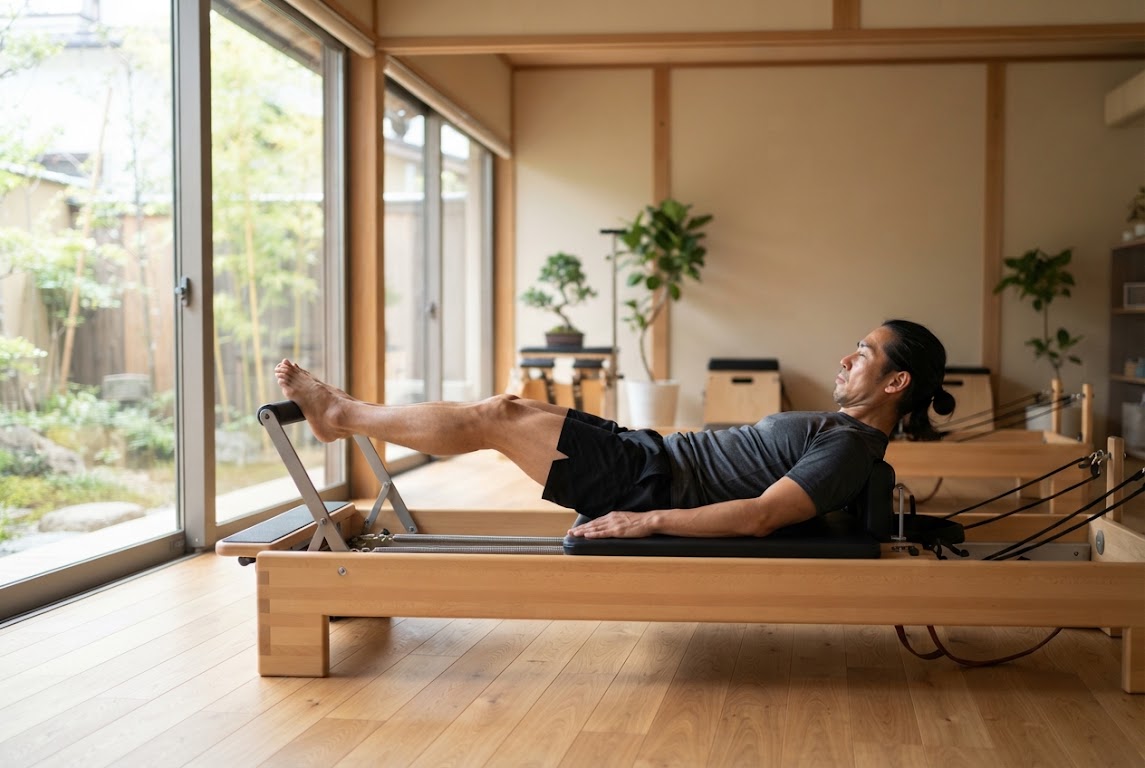 南新宿のマシンピラティスで体幹を鍛える男性