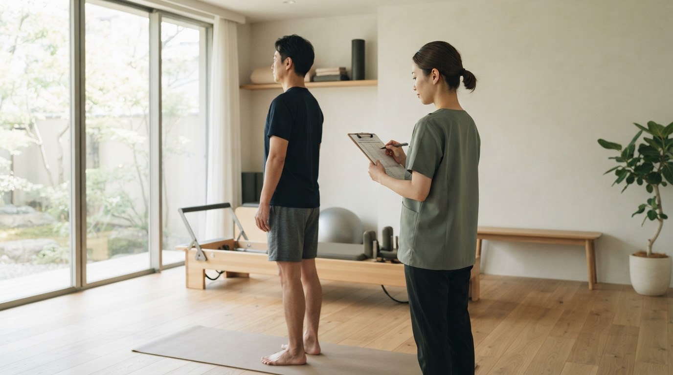 身体評価シートをもとに姿勢を細かくチェックするトレーナー