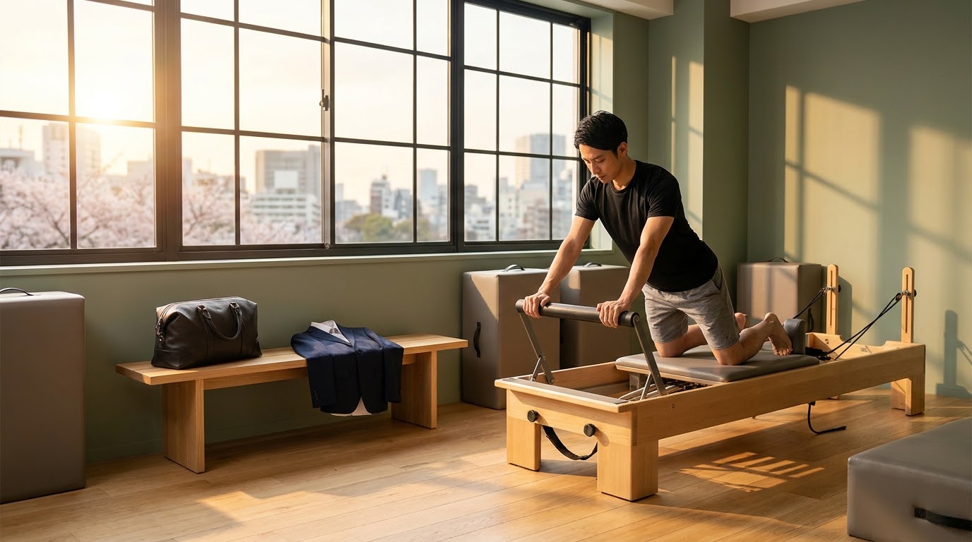 朝日が差し込むスタジオで、出勤前のひとときをマシンピラティスに充てるビジネスマン