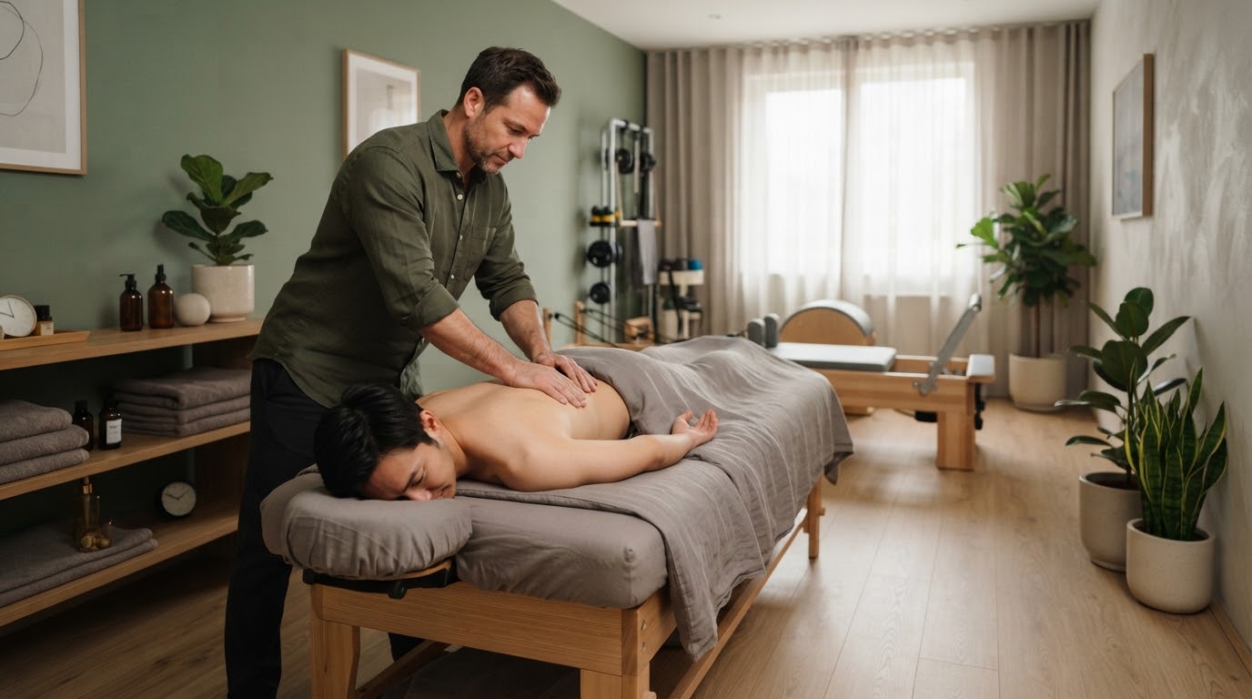 完全個室で整体とピラティスを組み合わせ、男性の背中を丁寧に調整するトレーナー