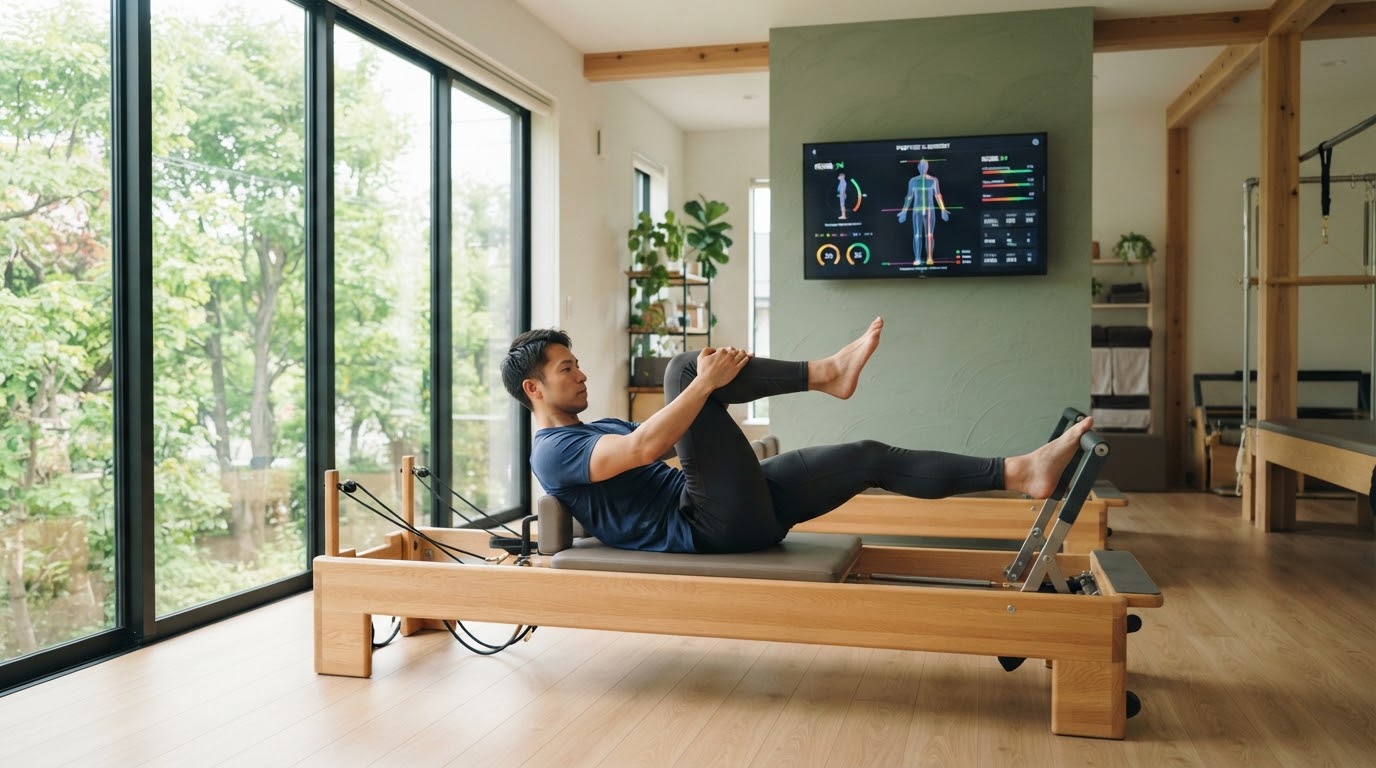 緑豊かな郊外の明るいスタジオで、AI姿勢分析モニターを背にリフォーマーに取り組む男性