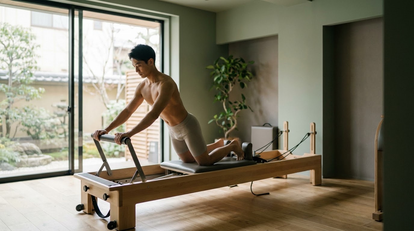 リフォーマーで姿勢を整える男性