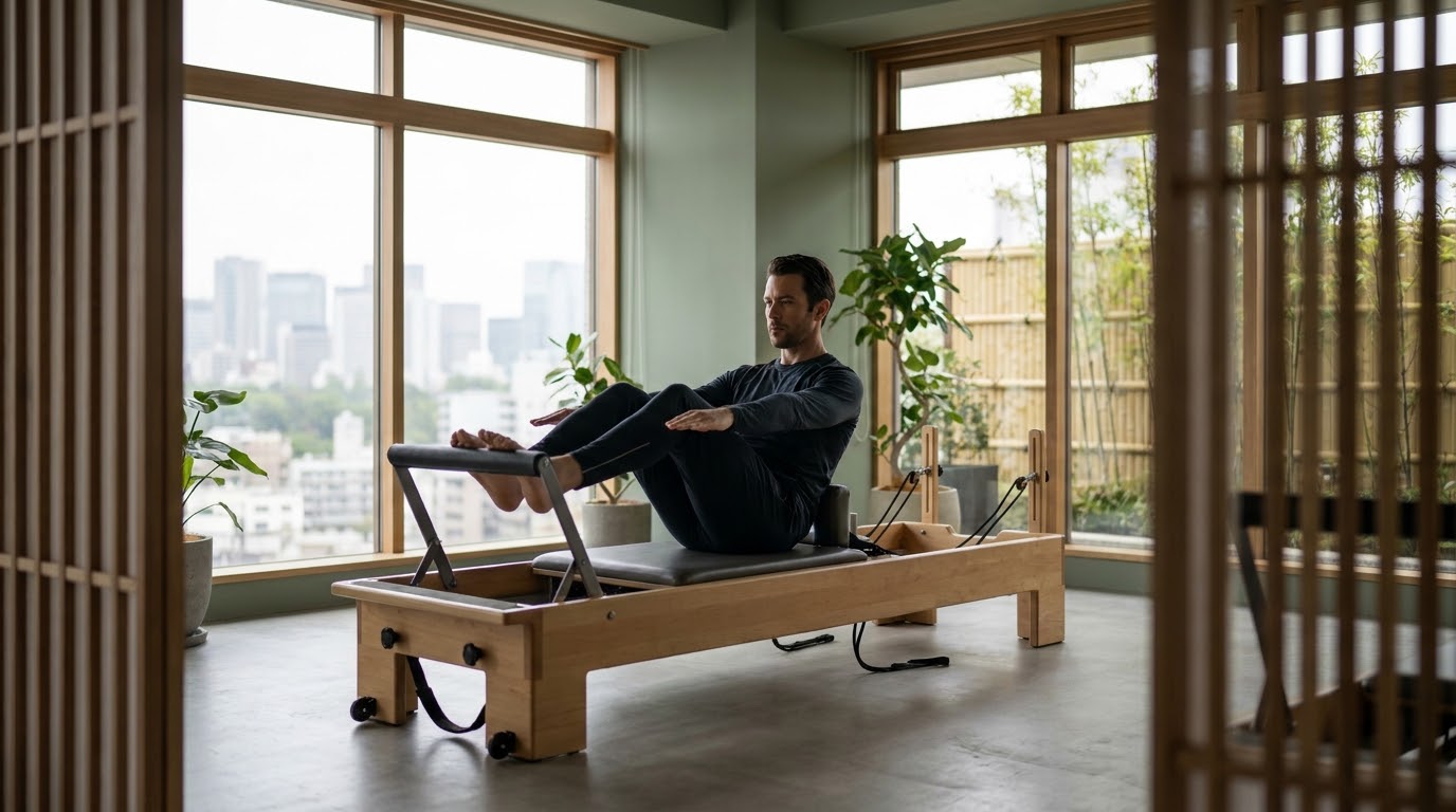 リフォーマーで体幹を強化する男性