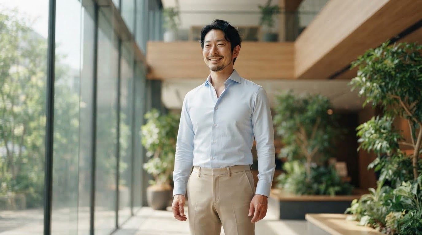 巻き肩が改善した力強い姿勢の男性