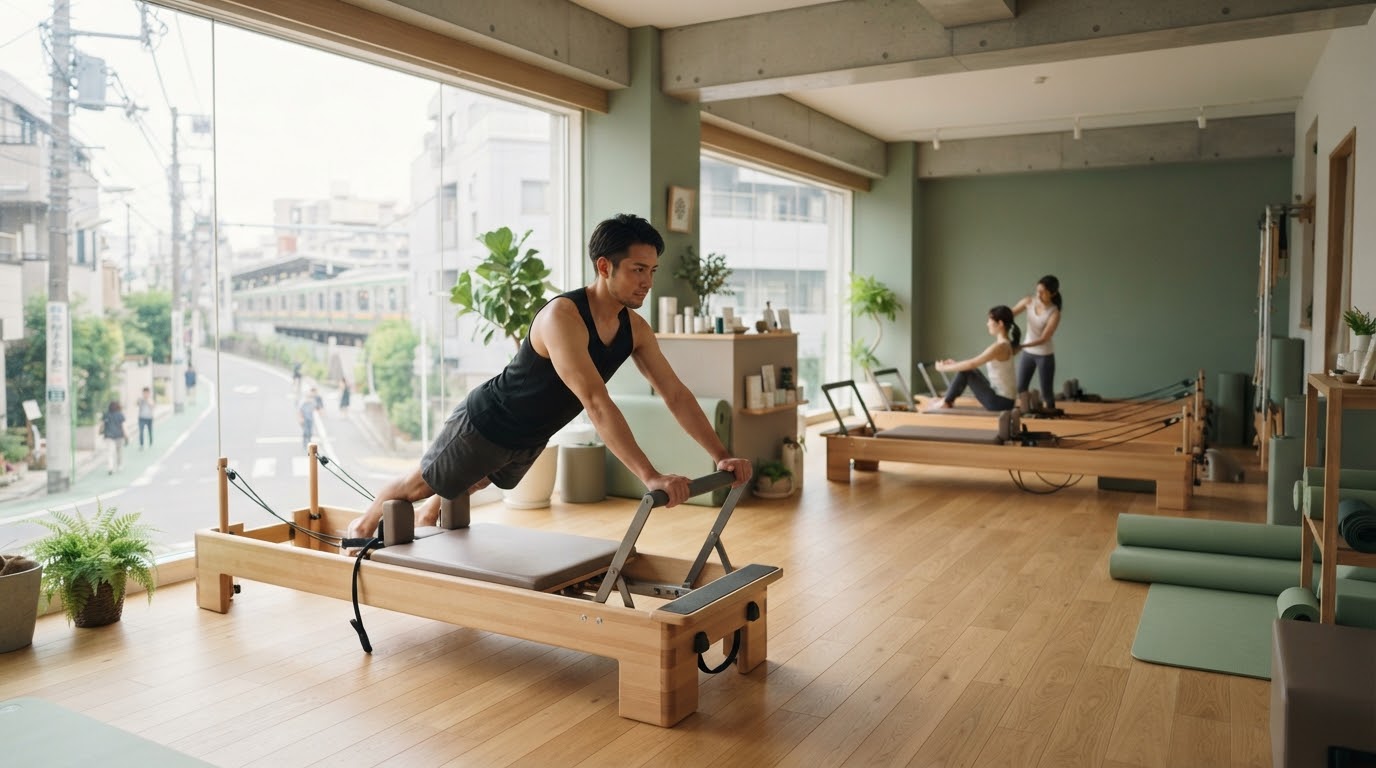 駅徒歩1分の明るいスタジオ。マット・マシンの両方が揃う空間でリフォーマーに取り組む男性