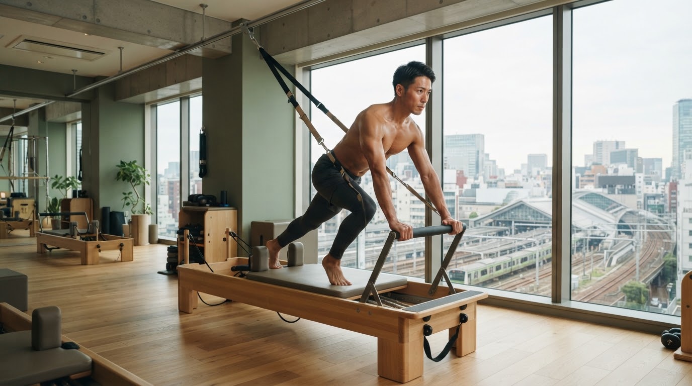 駅近ビルの広々としたスタジオでリフォーマーとTRXを組み合わせて鍛える男性