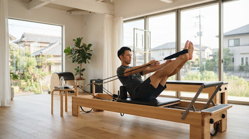 明るく開放的なスタジオで、パーソナルマシンピラティスに励む男性