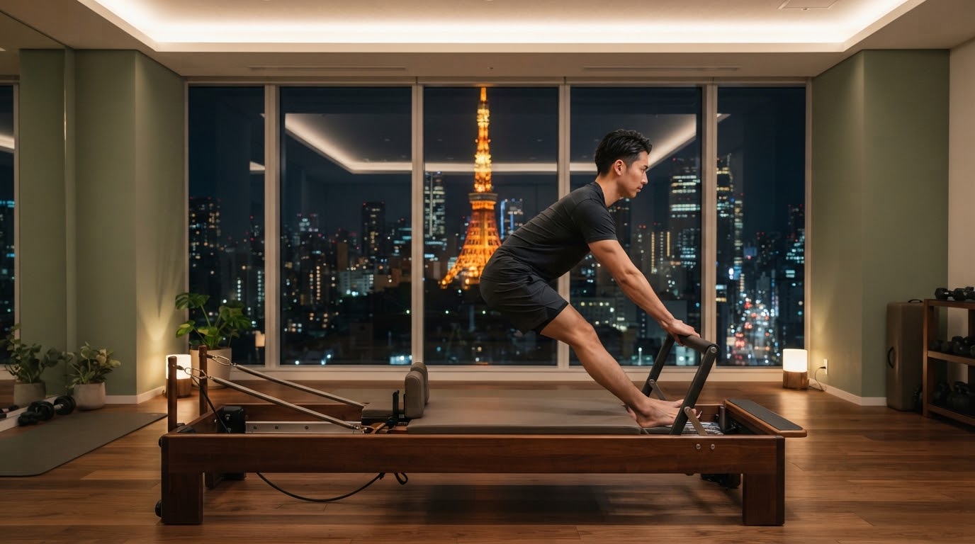 高層階から東京タワーや夜景が見える洗練された完全個室でリフォーマーに取り組むビジネスマン