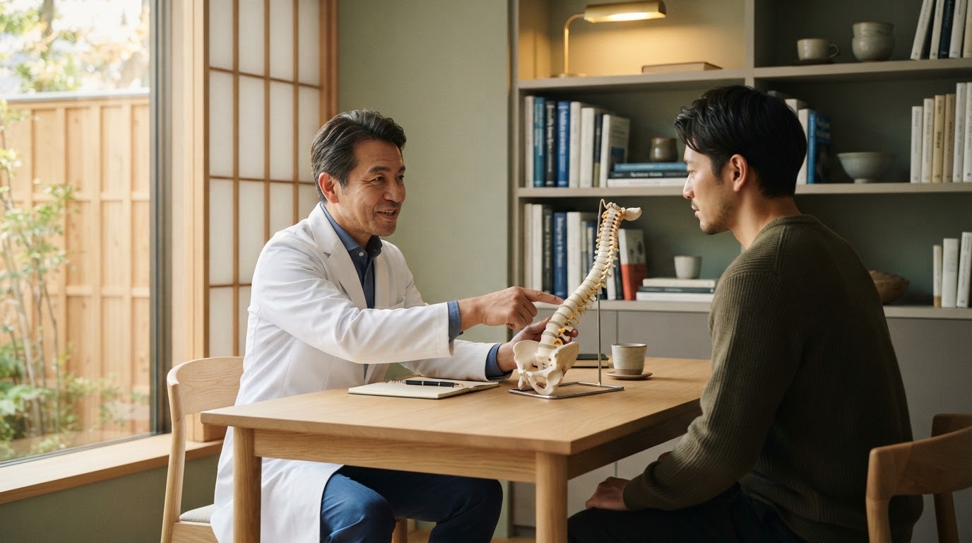 背骨の模型を使って姿勢の仕組みを説明する専門家によるカウンセリング