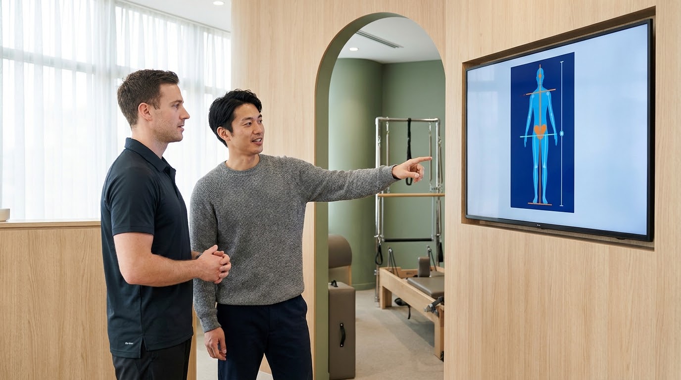 姿勢分析の結果をモニターで確認しながら、トレーナーと一緒にプランを立てられる