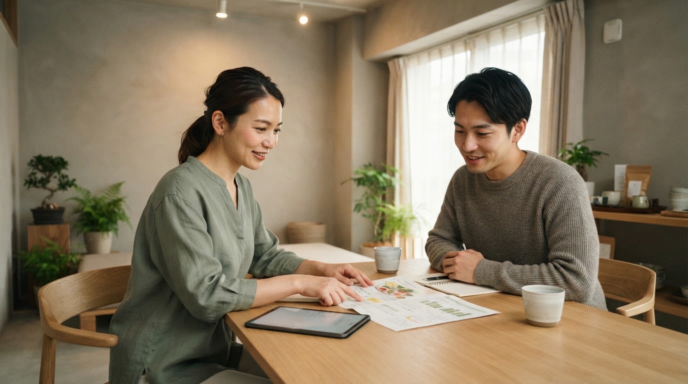 トレーナーと一緒に栄養プランを確認する食事指導カウンセリング