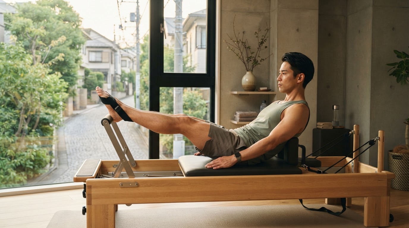閑静な住宅街の緑を望む隠れ家スタジオで、リフォーマーに集中する男性