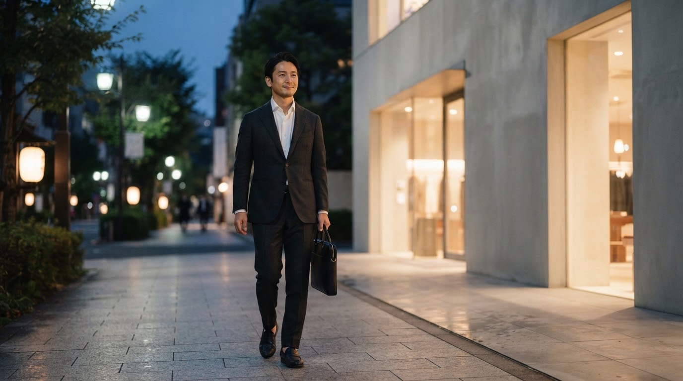 仕事帰りに手ぶらでスタジオへ向かうビジネスマン